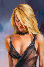 Dominic (1962): Lady in a black evening dress/Elegance, oil on canvas