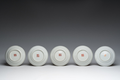 Five Chinese famille rose 'Wu Shuang Pu' cups and saucers, Daoguang marks, 19th C.