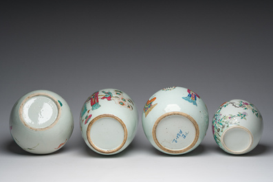 Four Chinese famille rose and qianjiang cai jars with animated scenes and floral and 'Wu Shuang Pu' design, 19th/20th C.