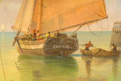 Belgian school, monogrammed AFT (19th/20th C.): Animated view of a shipping channel, oil on canvas