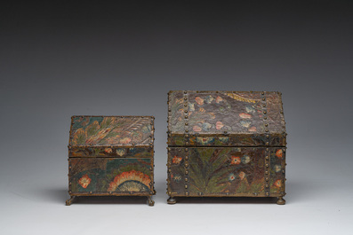 Two leather-covered boxes with floral design and a Cordoba leather panel with gilt design, Mechelen, 17th/18th C. and later