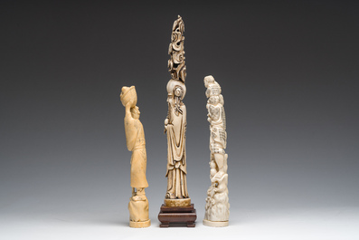 A Chinese carved ivory 'Shou Lao' figure and two walrus ivory groups depicting the local population, 19th/20th C.