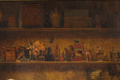 Ecole belge, monogramm&eacute;e R.B. : Fillette et le fabricant de jouets dans son atelier, huile sur toile, dernier quart du 19&egrave;me si&egrave;cle