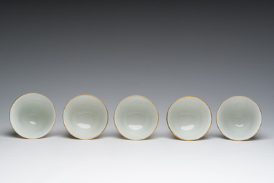 Five Chinese famille rose 'Wu Shuang Pu' cups and saucers, Daoguang marks, 19th C.