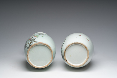 Five Chinese famille rose and qianjiang cai vases with animated scenes, animals and flowers, 19th/20th C.