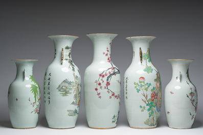 Five Chinese famille rose and qianjiang cai vases with animated scenes, animals and flowers, 19th/20th C.