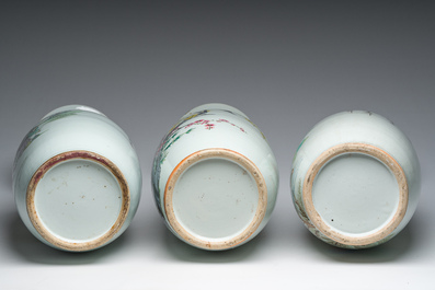 Five Chinese famille rose and qianjiang cai vases with animated scenes, animals and flowers, 19th/20th C.