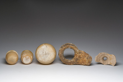 Three alabaster vases and three fragments of amphorae, presumably Egyptian period and later