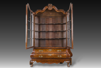 A large Louis XV style burl wood veneered wooden display cabinet with two glass doors and two drawers, ca. 1900