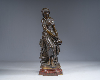 Mathurin Moreau (1822-1912): Girl sitting on a rock with a jug in her hand, brown patinated bronze on a red marble base