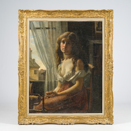 G.L. Delaunay (19de/20ste eeuw): Elegante dame aan het raam, olie op doek