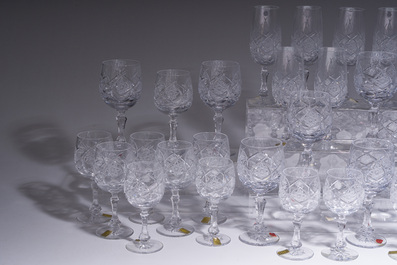 A French 48-piece collection of colourless crystal glasses with etched design, Bayel, 20th C.