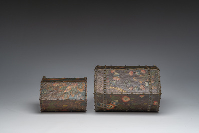 Two leather-covered boxes with floral design and a Cordoba leather panel with gilt design, Mechelen, 17th/18th C. and later