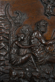 A French richly carved oak Neo-Renaissance credence with portrait miniatures, 19th C.