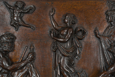 A French richly carved oak Neo-Renaissance credence with portrait miniatures, 19th C.