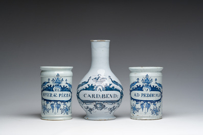 A varied collection of ten Delft blue and white pharmacy jars, 18th/19th C.