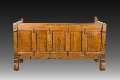 A North Indian carved wooden bridal chest with floral design and horses, Rajasthan, 20th C.