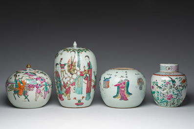 Four Chinese famille rose and qianjiang cai jars with animated scenes and floral and 'Wu Shuang Pu' design, 19th/20th C.