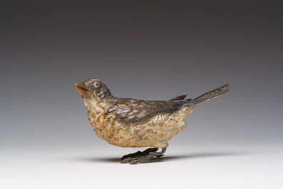 Franz Xaver Bergmann (1861-1936): Een Weense polychroom koud beschilderde bronzen model van een zanglijster, 19de/20ste eeuw