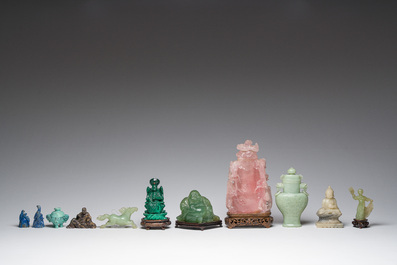 Eleven Chinese hardstone sculptures, a.o. jade, quartz, turquoise, malachite and lapis lazuli, 19th/20th C.
