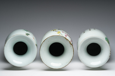 Five Chinese famille rose and qianjiang cai vases with animated scenes, animals and flowers, 19th/20th C.