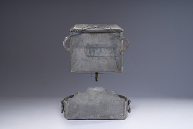 A German pewter water fountain crowned with two figures, late 17th C.