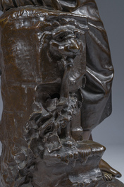 Mathurin Moreau (1822-1912): Girl sitting on a rock with a jug in her hand, brown patinated bronze on a red marble base