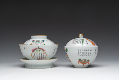 A Chinese famille rose bowl and cover on stand and a teapot and cover with 'Wu Shuang Pu' design, Daoguang marks, 20th C.
