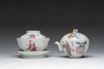 A Chinese famille rose bowl and cover on stand and a teapot and cover with 'Wu Shuang Pu' design, Daoguang marks, 20th C.