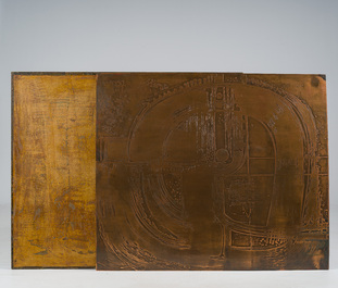 Belgian school: A rectangular etched copper plate with stylized design, possibly from a coffee table, 1970s