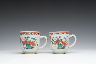 Two Chinese famille verte cups and saucers with floral design, Qianlong