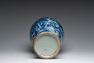 A Chinese blue and white baluster vase with an animated river landscape, 19th C.