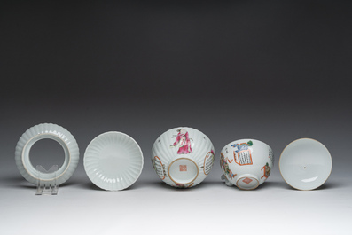 A Chinese famille rose bowl and cover on stand and a teapot and cover with 'Wu Shuang Pu' design, Daoguang marks, 20th C.