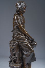 Mathurin Moreau (1822-1912): Girl sitting on a rock with a jug in her hand, brown patinated bronze on a red marble base