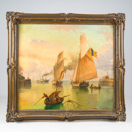 Belgian school, monogrammed AFT (19th/20th C.): Animated view of a shipping channel, oil on canvas