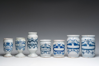A varied collection of ten Delft blue and white pharmacy jars, 18th/19th C.