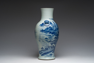 A Chinese blue and white baluster vase with an animated river landscape, 19th C.