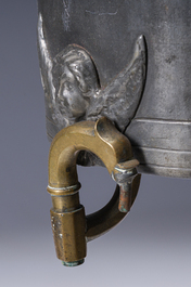 A German pewter water fountain crowned with two figures, late 17th C.
