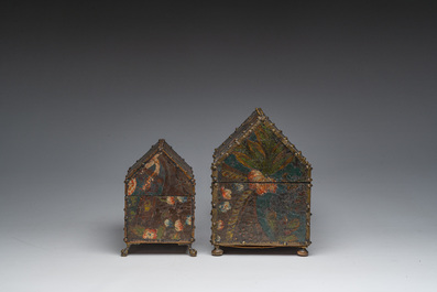 Two leather-covered boxes with floral design and a Cordoba leather panel with gilt design, Mechelen, 17th/18th C. and later