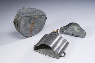 A German pewter water fountain crowned with two figures, late 17th C.