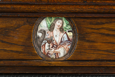 A French richly carved oak Neo-Renaissance credence with portrait miniatures, 19th C.