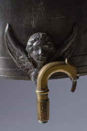 A German pewter water fountain crowned with two figures, late 17th C.