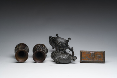 A pair of Japanese bronze vases with dragon relief design, a 'crane and turtle' joss stick holder and a stamp box, Meiji and later, 19th/20th C.