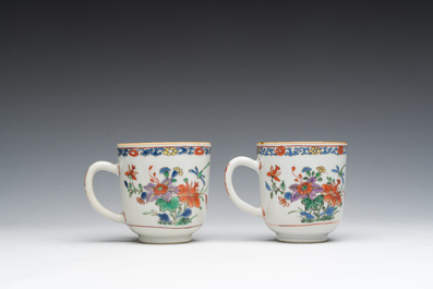 Two Chinese famille verte cups and saucers with floral design, Qianlong
