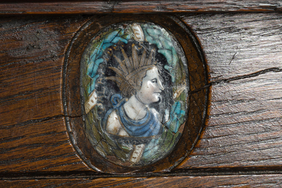 A French richly carved oak Neo-Renaissance credence with portrait miniatures, 19th C.