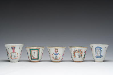 Five Chinese famille rose 'Wu Shuang Pu' cups and saucers, Daoguang marks, 19th C.