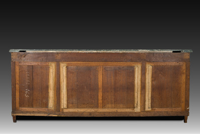 An imposing French Empire style gilt bronze mounted cherrywood dresser with a green marble top, 20th C.