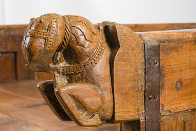 A North Indian carved wooden bridal chest with floral design and horses, Rajasthan, 20th C.