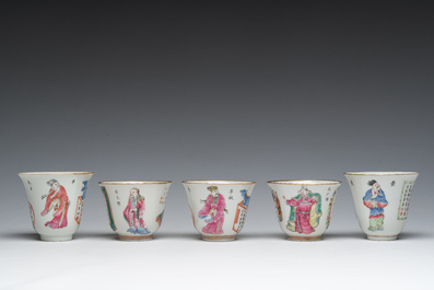 Five Chinese famille rose 'Wu Shuang Pu' cups and saucers, Daoguang marks, 19th C.