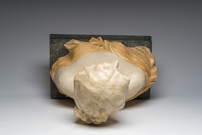Charles Van De Waele (19th/20th C): Bust of a lady on a pedestal, polychrome decorated plaster, dated 1909